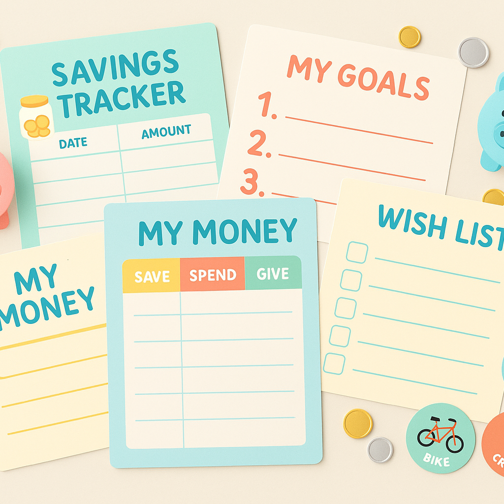 Stack of planner sheets with coins, piggy banks, and stickers of goals like a bike or toys, styled in a cheerful Canva-editable design.