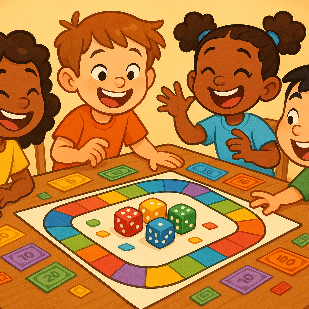 Colorful board game setup with play money, dice, and kids laughing around the game table, styled in a bright cartoon-inspired design.

