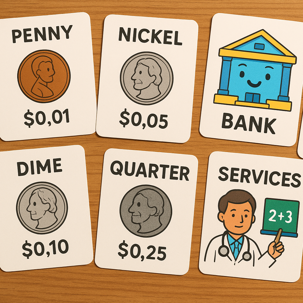 Flashcards spread out on a wooden table, with illustrations of coins, banks, goods, and services, styled in bright classroom-friendly colors.
