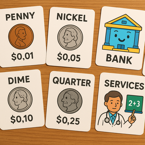 Flashcards spread out on a wooden table, with illustrations of coins, banks, goods, and services, styled in bright classroom-friendly colors.
