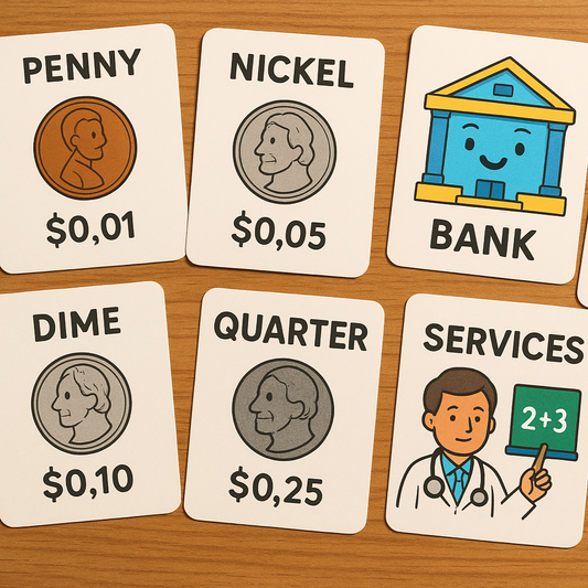 Flashcards spread out on a wooden table, with illustrations of coins, banks, goods, and services, styled in bright classroom-friendly colors.
