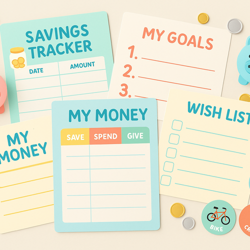 Stack of planner sheets with coins, piggy banks, and stickers of goals like a bike or toys, styled in a cheerful Canva-editable design.
