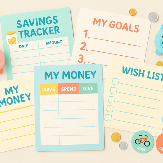 Stack of planner sheets with coins, piggy banks, and stickers of goals like a bike or toys, styled in a cheerful Canva-editable design.
